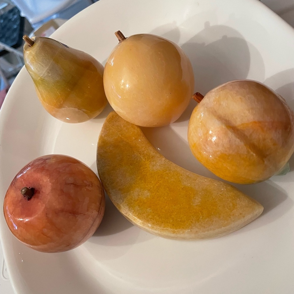 Vintage alabaster marble fruit set. Mid century stone fruit set.